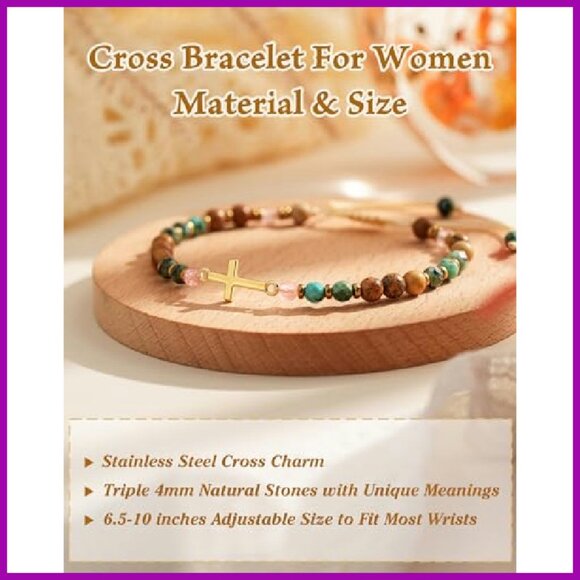 Adjustable Cross Bracelet with Natural Stones, Christian Gift for Women - Picture 6 of 8